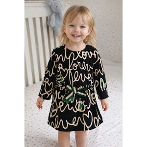 2/30 Catimini Black Script Print Toddler Dress with Green Bow